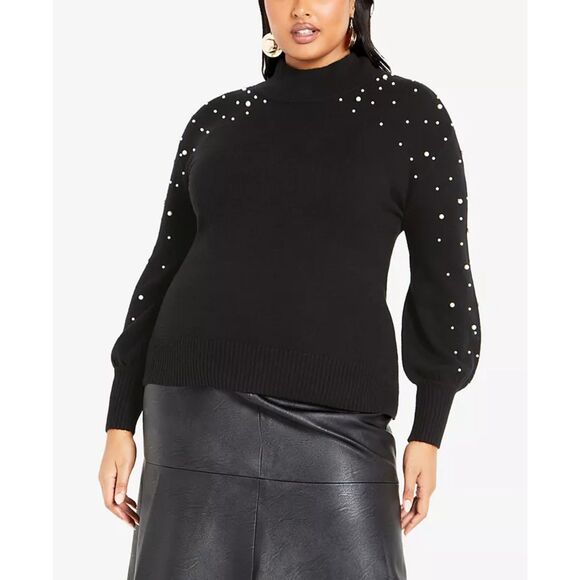 AVENUE Perla Ribbed Knit Soft Black Sweater with Pearls, NEW! Size 26/28 - Picture 1 of 8